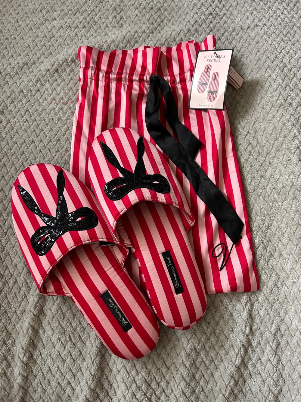 Victoria's Secret Pink & Red Striped Slide Slippers with Black Bow Accent